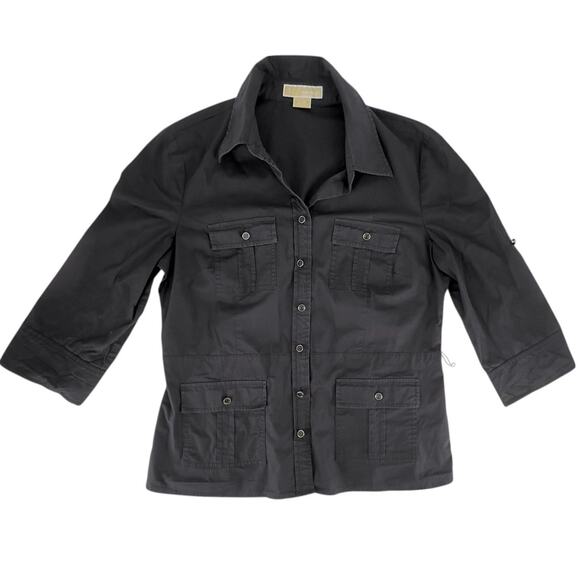 Michael by Michael Kors Long Sleeve Belted Utility Button Down Shirt Large Black - Picture 7 of 14